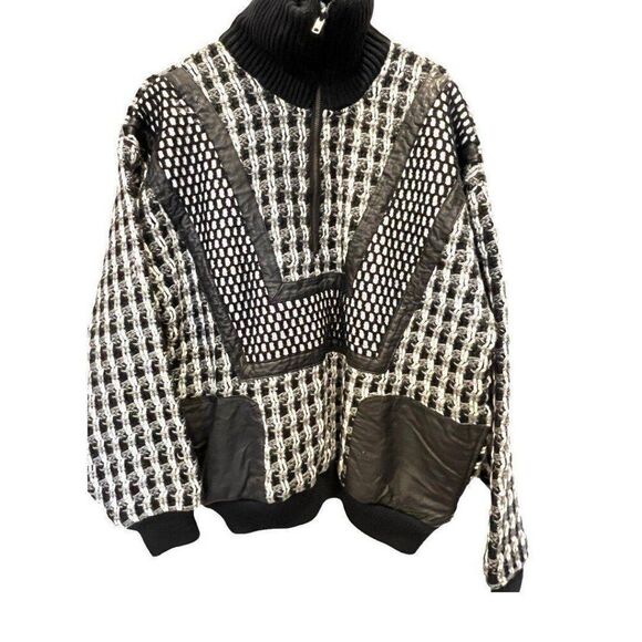 Retro Streetwear First Class Men Vintage Genuine Leather Knit Sweater Jacket - Picture 2 of 12